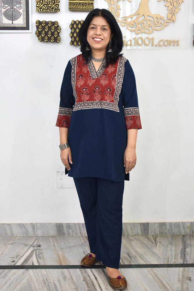 Elegant Pure Cotton Co-ord Set with Ajrakh Patch & Mirror work ( Top & Pant) Size 38 - 46