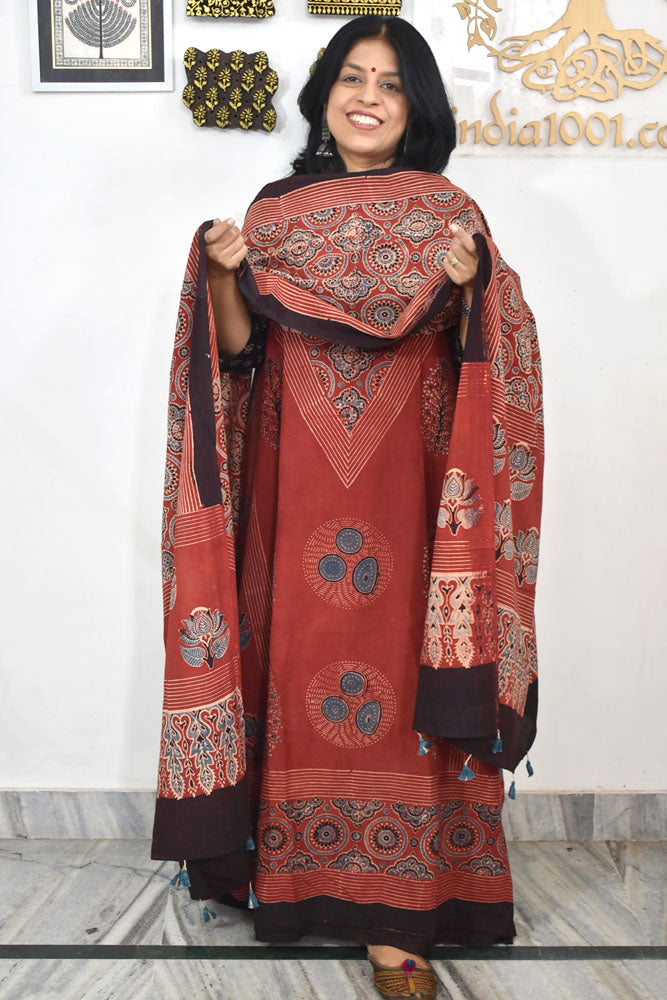 Block Print Ajrakh Cotton Suit with designer Ajrakh neck yoke /panel & Dupatta
