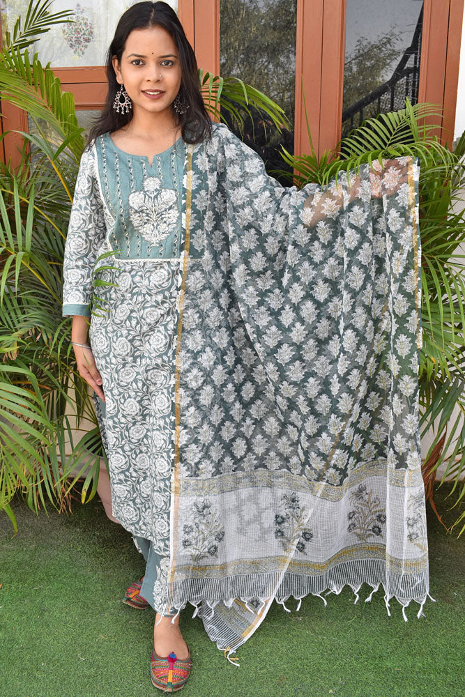 Hand Block Printed Cotton suit with kota dupatta - Kurta , Dupatta & Pant - size 38, 40, 42, 44