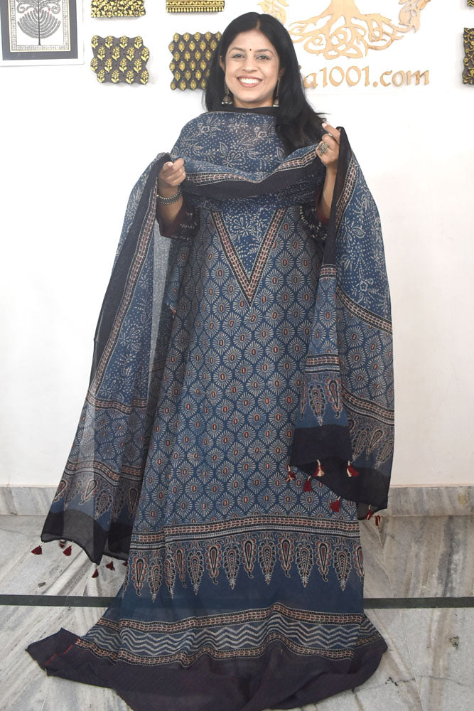 Designer Ajrakh Kota Unstitched suit with Kota Dupatta & Cotton Bottom - 3 piece set