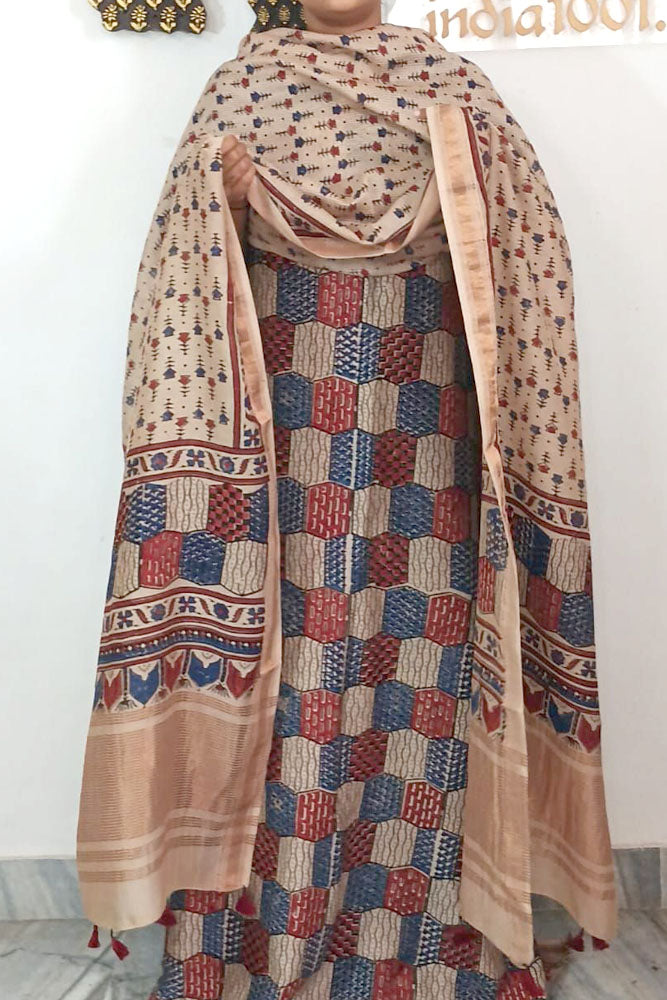 Beautiful Hand Block Printed Ajrakh Maheshwari Silk Cotton Unstitched suit fabric - 2 pc set