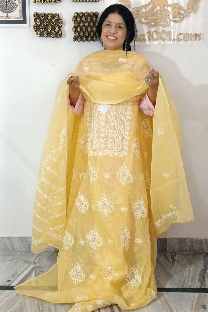 Elegant Kota Doria Kurta & Dupatta Set with Lucknowi Hand Tepchi Work embroidery NO - 9