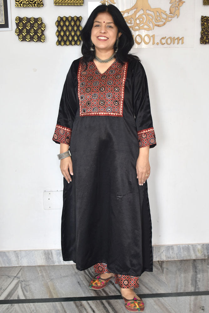 Beautiful Mashru Silk Kurta with Ajrakh patch Kutch & mirror work size with Mashru pant - 38 - 48