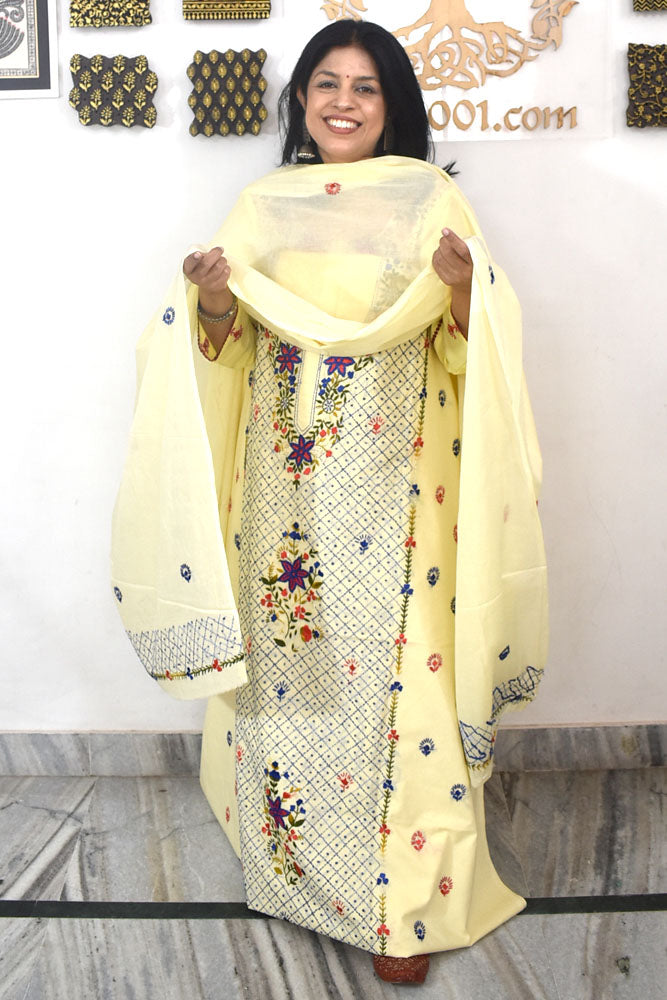 Elegant Kantha Work Cotton unstitched suit fabric with embroidery