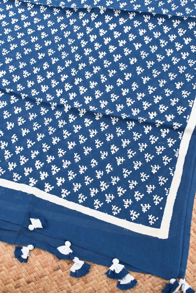 Elegant Hand block printed Cotton stole with cloth tassels