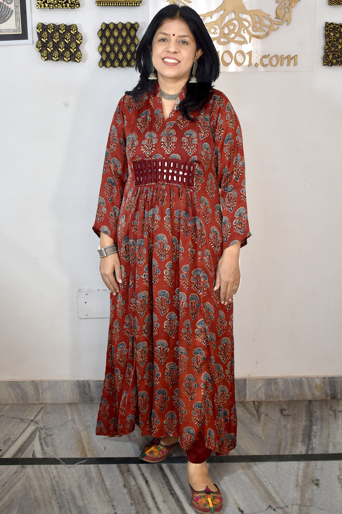 Beautiful Modal Silk Kurta with Ajrakh block print & Kutch mirror work - Size 38 - 48