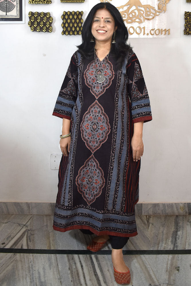 Designer Hand Block Printed Ajrakh cotton Kurta / Dress - Size 36 to 48( all sizes)