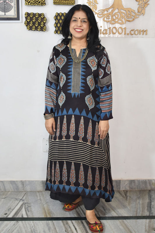 Beautiful Hand Block Printed Ajrakh Modal Silk Kurta, Size 38 to 52