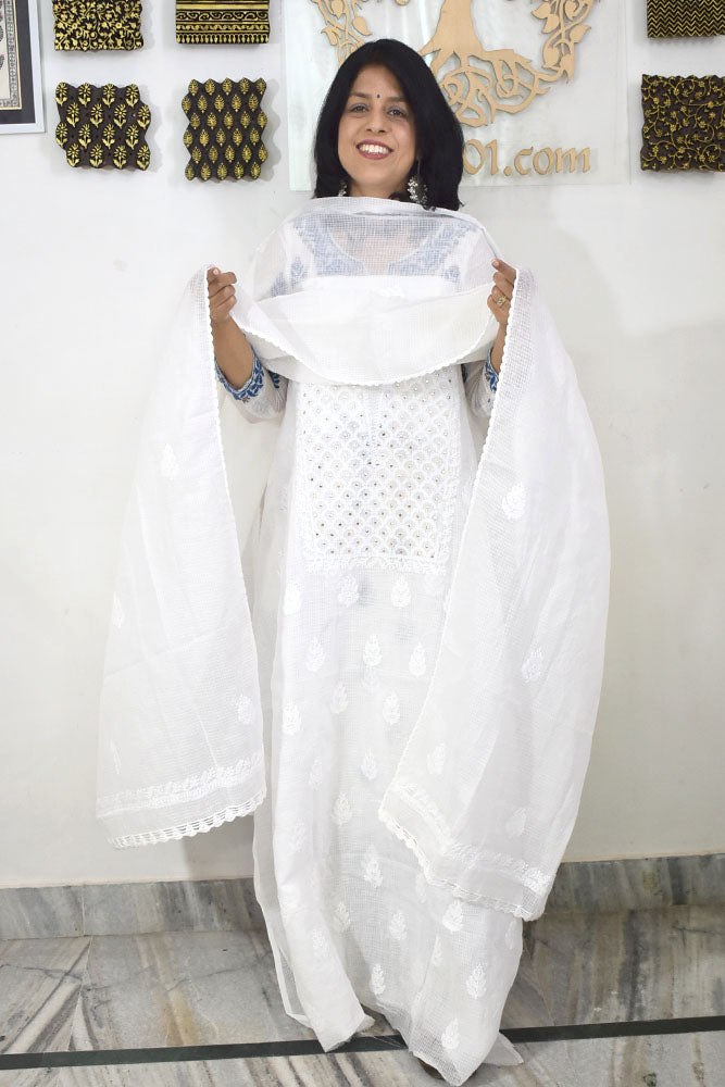 Elegant Kota Doria Kurta & dupatta with Lucknowi Hand Chikankari embroidery and Muqaish work