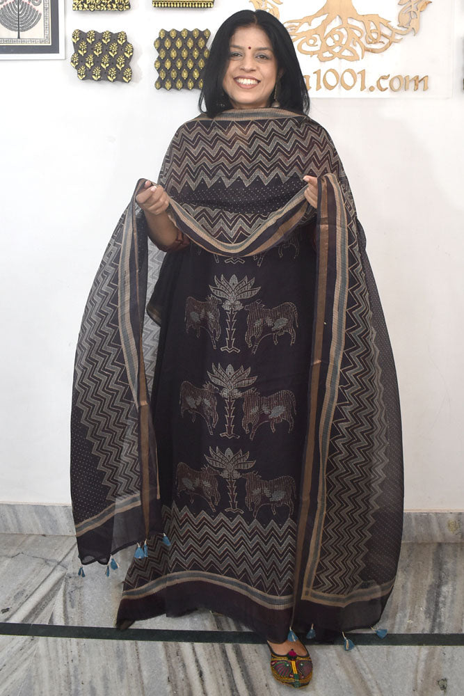 Designer Ajrakh Kota Silk Unstitched suit with Kota Silk Dupatta - 2 piece set