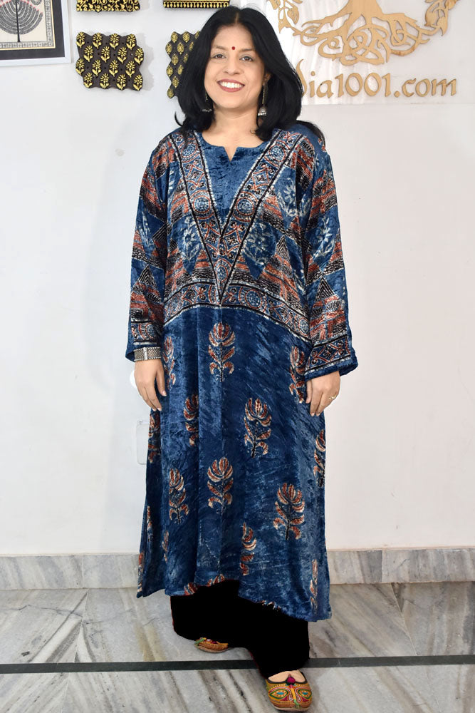 Beautiful Ajrakh Velvet Hand Block Print kurta , Size 38 to 46