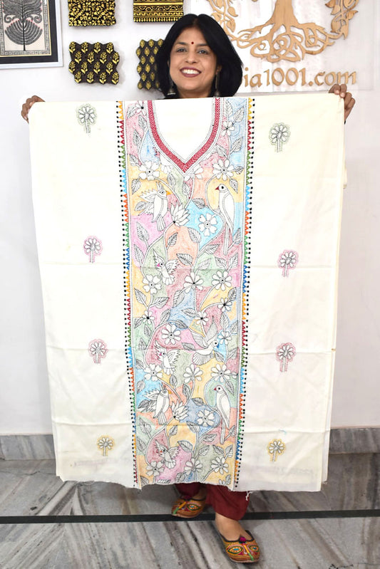 Hand Embroidered Kantha work cotton fabric - (Length 2.8 mtrs )