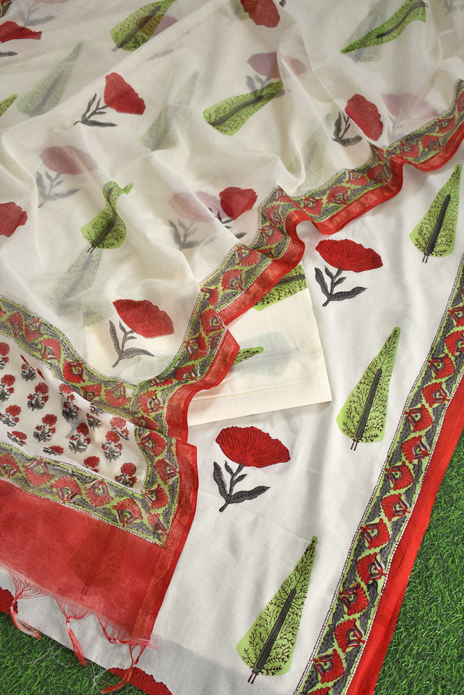 Designer Hand Block Placement Print Cotton suit with Chanderi dupatta and panel design (Copy)
