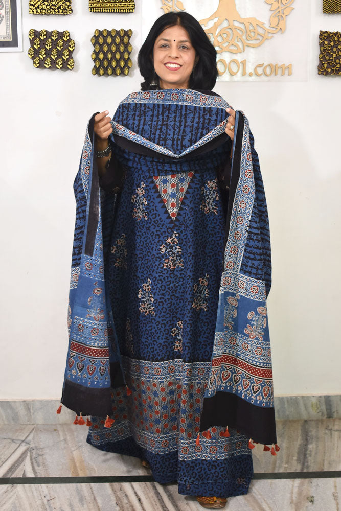 Block Print Ajrakh Cotton Suit with designer Ajrakh neck yoke /panel & Dupatta