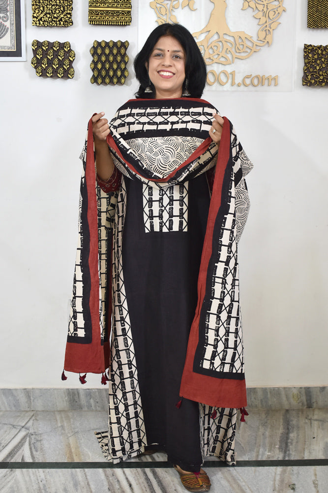 Block Print Ajrakh Cotton Suit with designer Ajrakh neck yoke /panel & Long Stole
