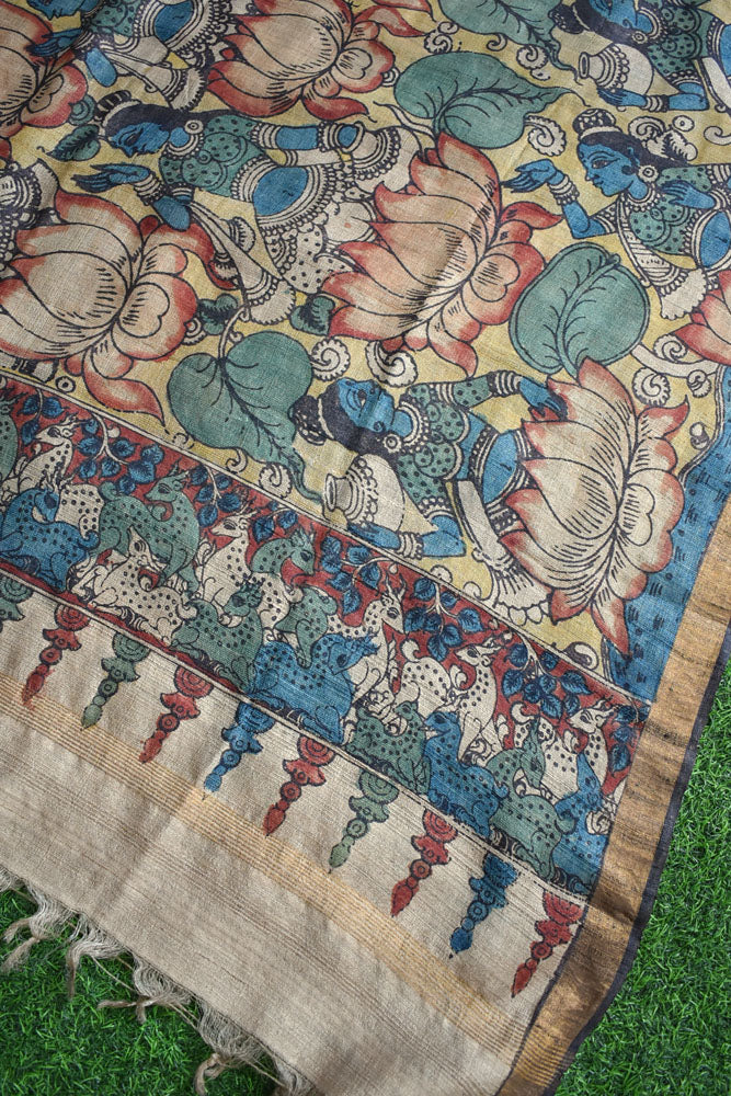 Earthy Hand Painted Kalamkari Desi Tussar Silk Dupatta