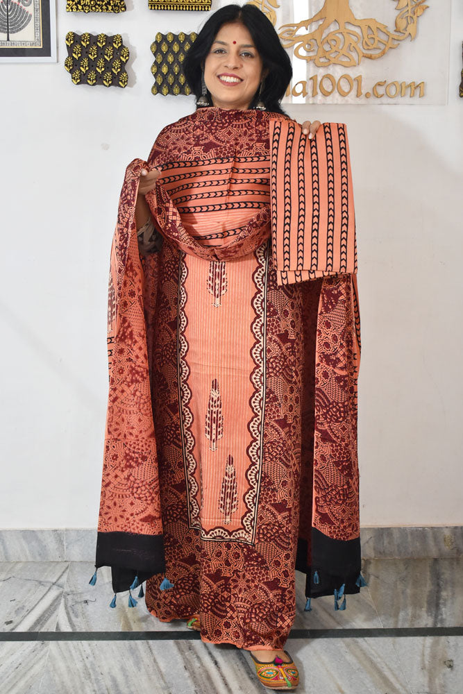 Designer Ajrakh Modal Silk Unstitched suit with  panel design, Ajrakh Dupatta & Bottom- 3 piece set