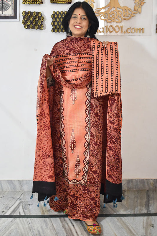 Designer Ajrakh Modal Silk Unstitched suit with  panel design, Ajrakh Dupatta & Bottom- 3 piece set