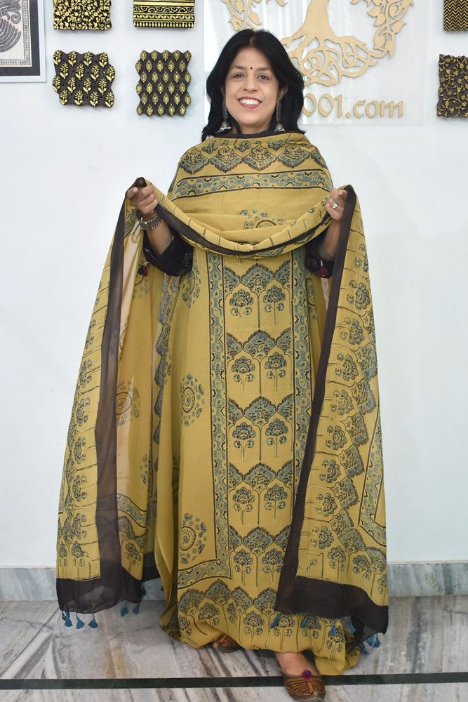 Ajrakh Hand Block Print Georgette Dupatta & Georgette Kurta Fabric