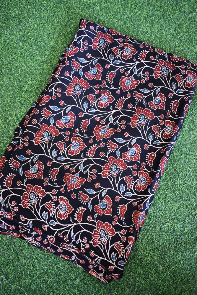 Beautiful Modal Silk Ajrakh Hand Block Print Fabric - 2.5 mtrs cut