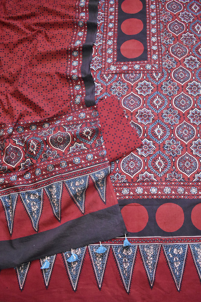 Block Print Ajrakh Cotton Suit with designer Ajrakh neck yoke /panel & Dupatta