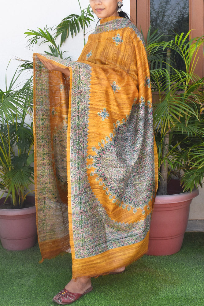 Geecha Silk Dupatta with printed Madhubani patterns