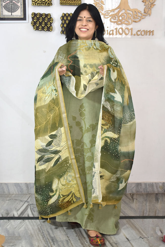 Dhairya : Beautiful Pure Linen suit with Digital print , intricate embroidery and cotton silk bottom