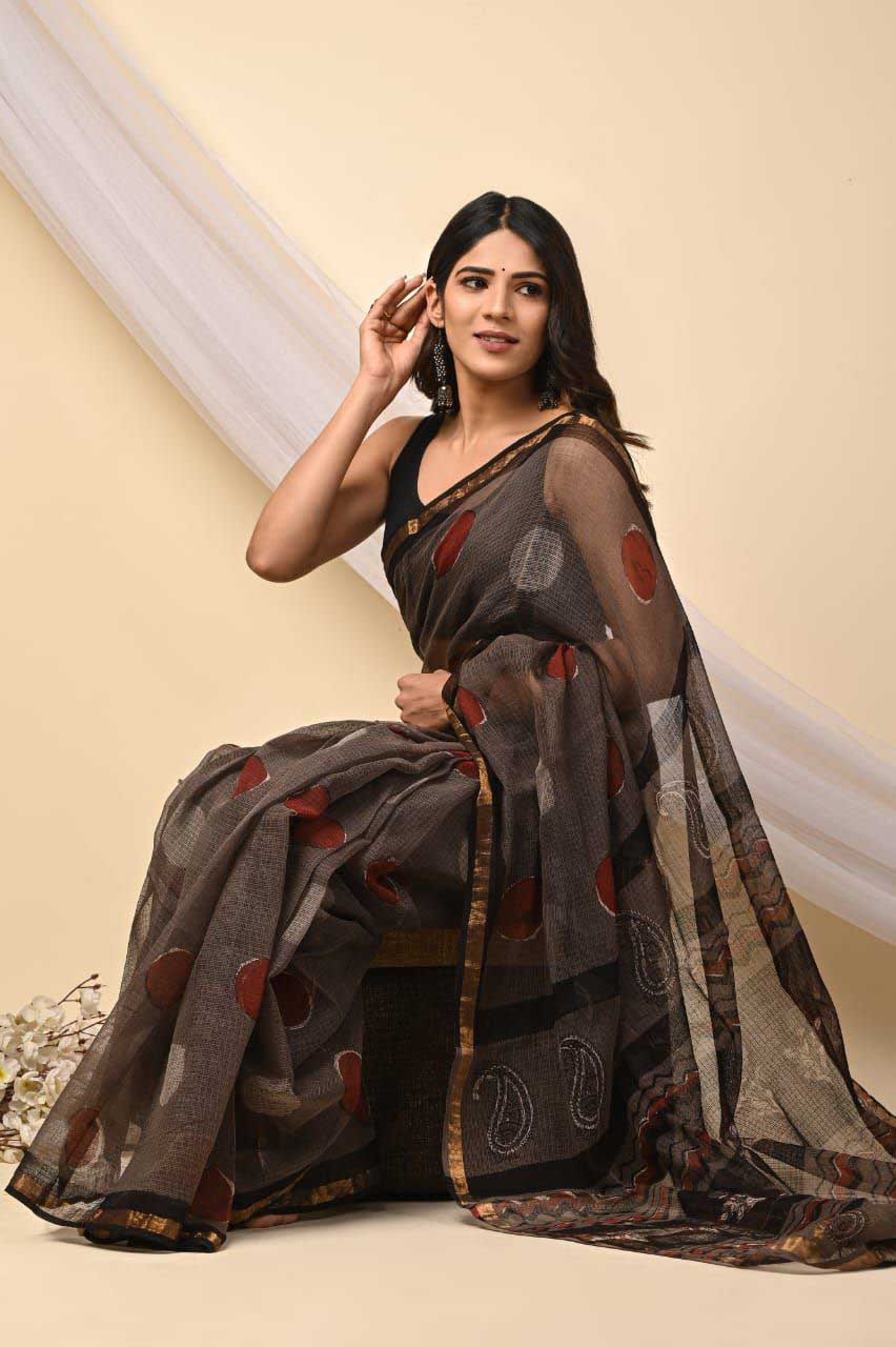 Beautiful Hand Block Printed Kota cotton Saree with zari border
