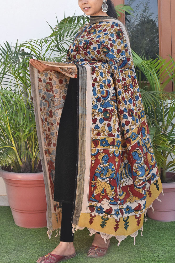 Nandini : Beautiful Bangalore Cotton Silk Hand Painted Kalamkari Dupatta