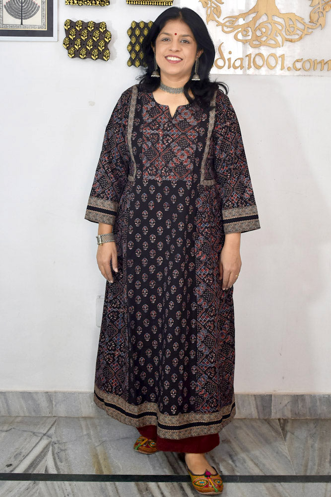 Designer Hand Block Printed Ajrakh cotton Kurta / Dress - Size 38 to 48 ( all sizes)