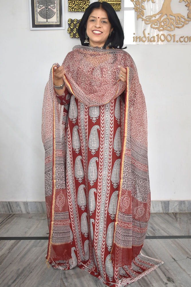 Classic Bagh Block Printed unstitched suit fabric with Kota Doria dupatta