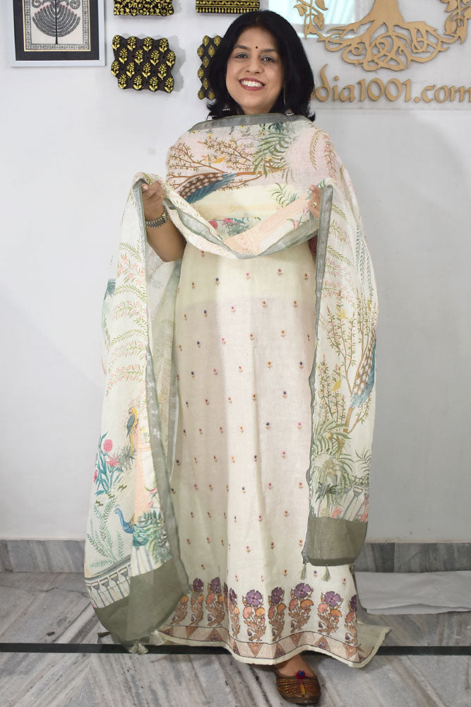Dhairya : Beautiful Pure Linen suit with Digital print , intricate embroidery and cotton silk bottom