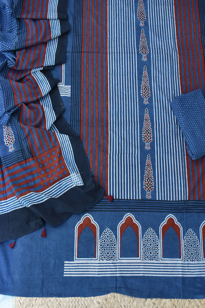 Hand Block Print Ajrakh Cotton Suit with designer Ajrakh neck yoke pattern