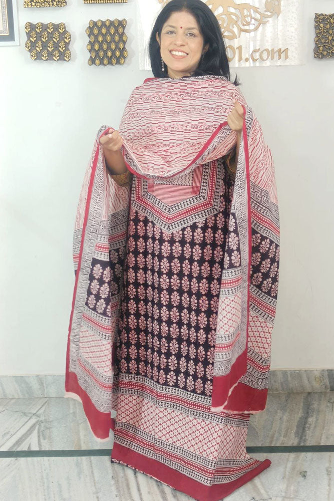 Bagh Hand Block Printed unstitched 3 pc Cotton suit fabric with block print from MP