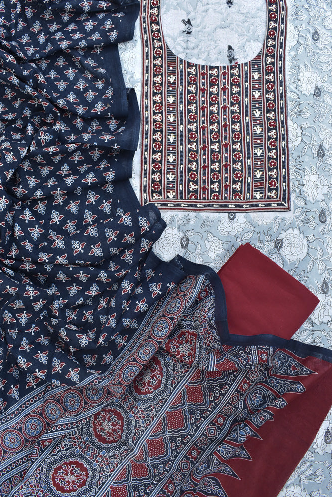 Premium Cotton Unstitched Suit with Intricate Hand Embroidery & Barmer Ajrakh block Print Patch