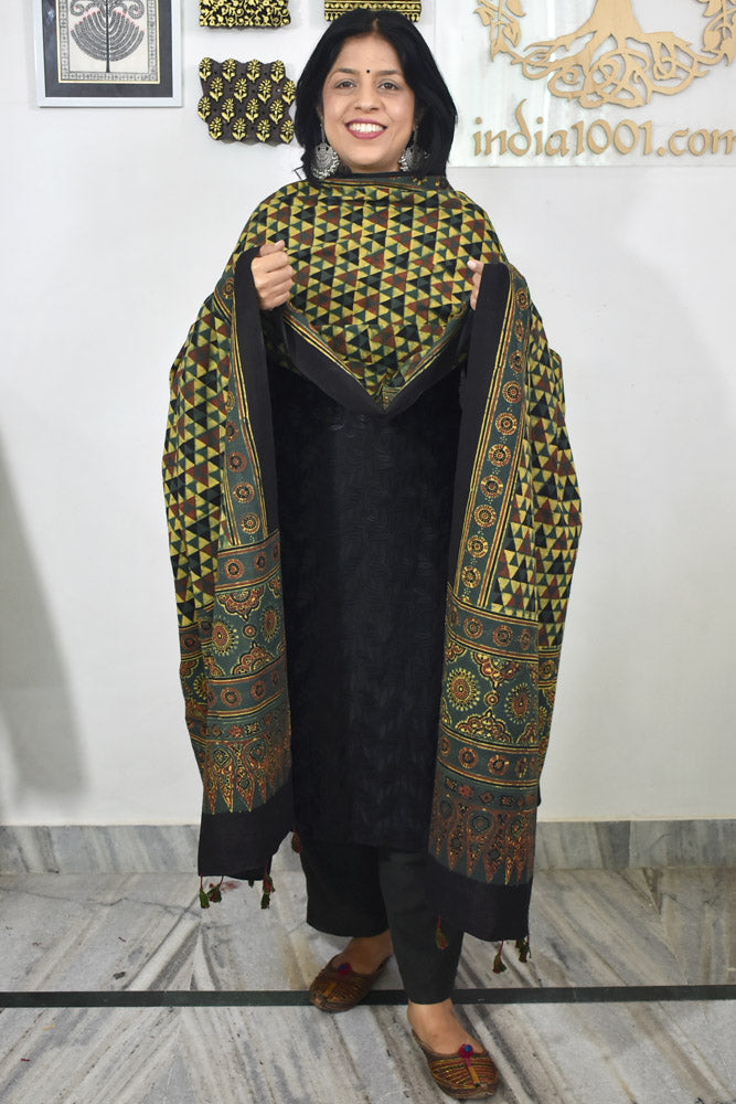 Ajrakh Hand Block Printed Cotton Dupatta with Tassels & natural dyes