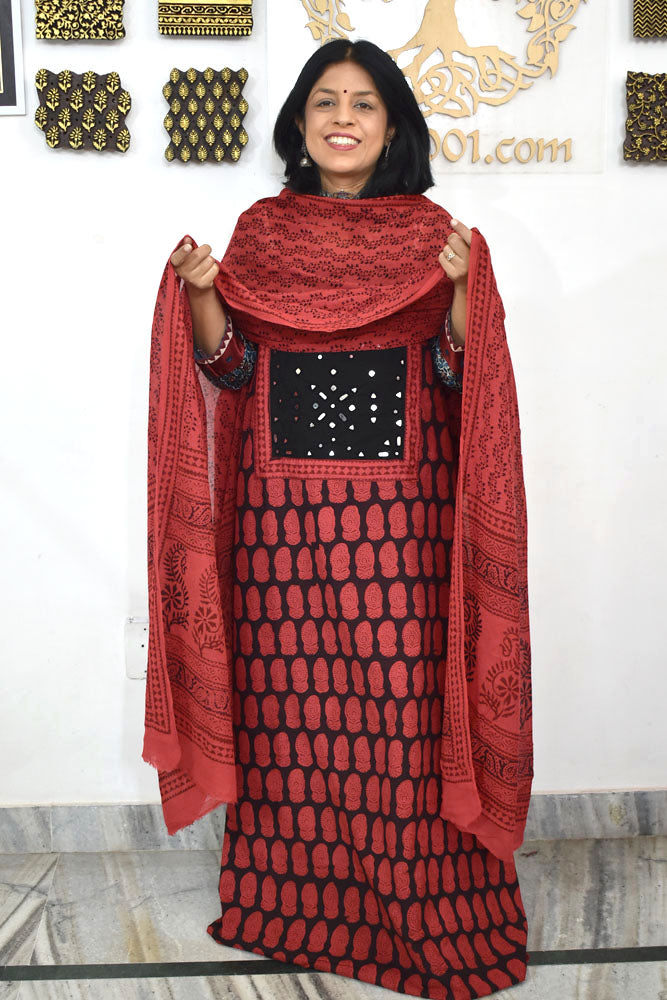 Bagh Hand Block Printed unstitched 3 pc Cotton suit fabric with Kutch Mirror Work
