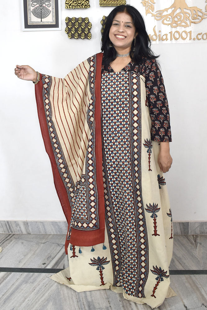 Designer Ajrakh Cotton kurta with Stole & Cotton Bottom - 3 piece set