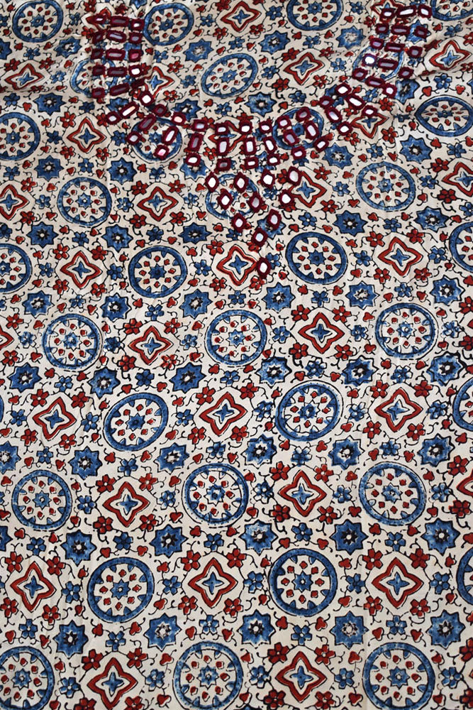Designer Ajrakh Modal Silk Kurta Fabric with Kutch Mirror Work - 3 mtrs length