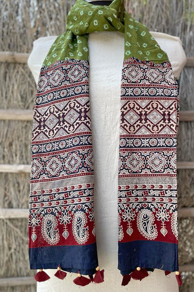 Beautiful Ajrakh Bandhani Mul Cotton Stole