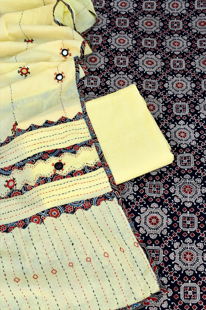 Beautiful Ajrakh Cotton Unstitched Suit with Real Mirror, Kantha & Applique Work dupatta
