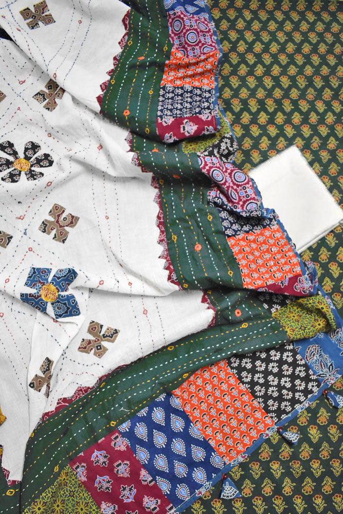 Beautiful Ajrakh Cotton Unstitched Suit with Heavy Applique, Mirror, Kantha & Patch Work dupatta with Tassels
