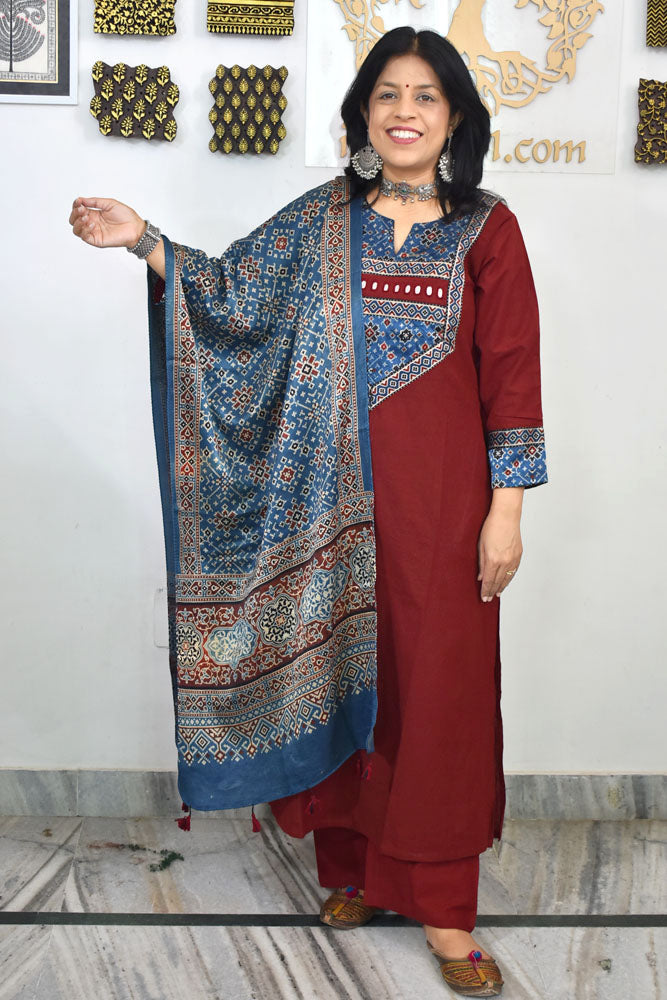 Designer Cotton suit with Ajrakh Mashru patch & mirror work & Ajrakh stole - Size 38 to 46 ( all sizes)