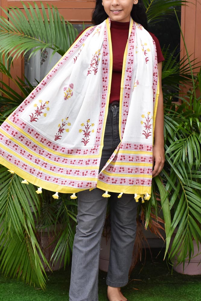 Elegant Hand block printed Cotton stole with cloth tassels