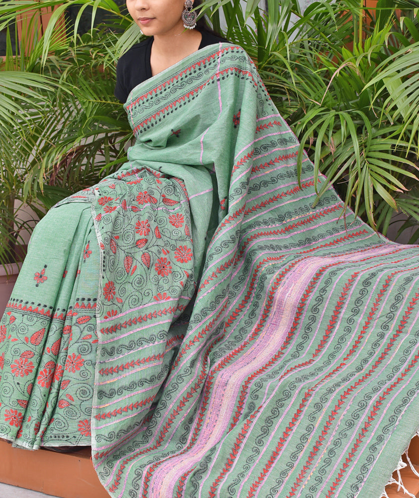 Elegant Handwoven Khesh Cotton Saree with Hand Kantha work