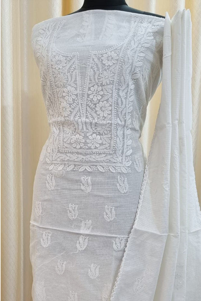 Elegant Kota Doria Kurta & Dupatta Set with Lucknowi Hand Chikankari embroidery - base white color - Dyeable