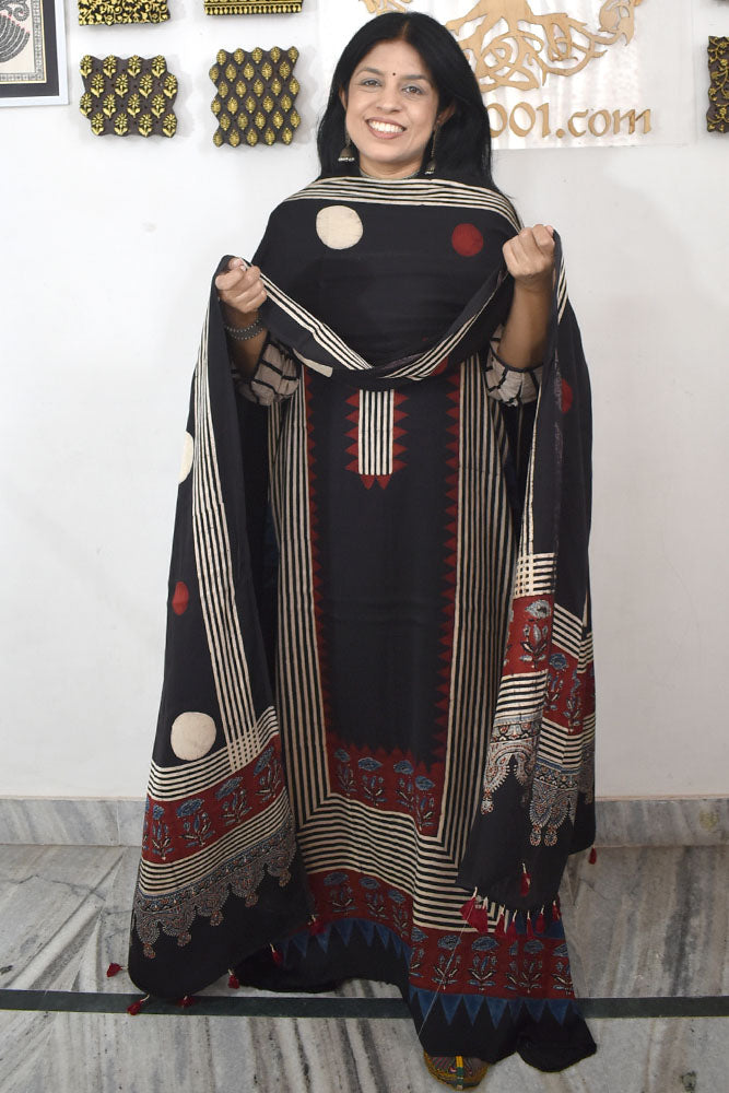 Designer Ajrakh Modal Silk Unstitched suit with panel design & Ajrakh Dupatta- 2 piece set