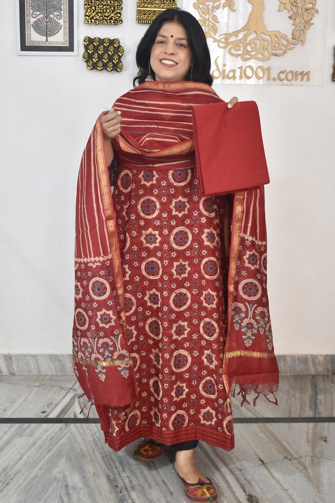 Elegant Hand Block print cotton suit with Schiffli work & Chanderi dupatta