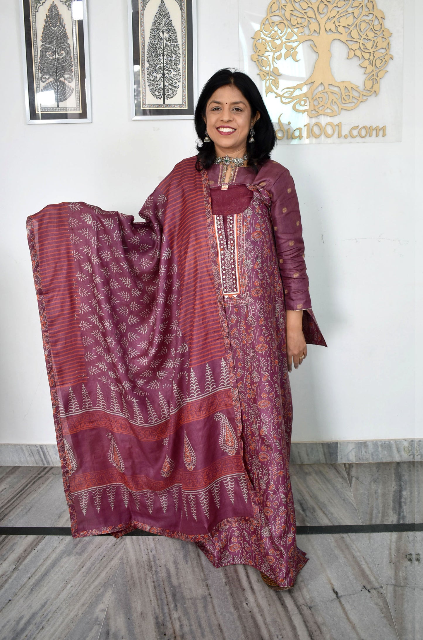 Semi Stitched Block Printed Tussar Silk Dupatta & Tussar Kurta Fabric
