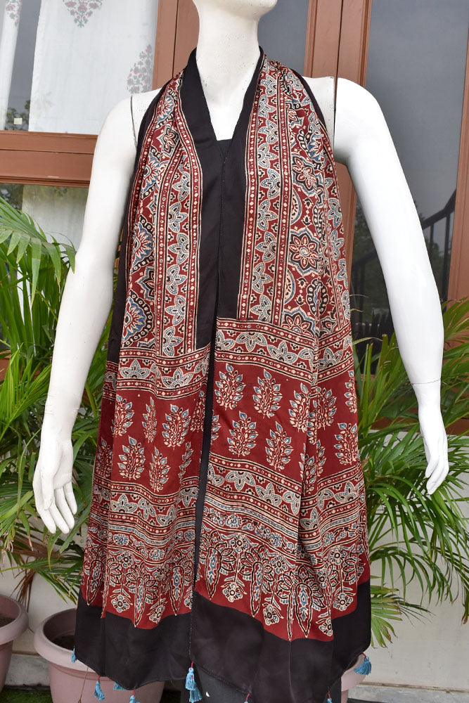Beautiful Hand Block Printed Ajrakh Modal Silk stole with Tassels